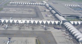 Flying away from Bangkok's infamous Suvarnabhumi International Airport.